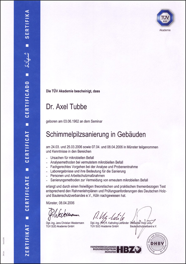 TÜV-Zertifikat Dr. Axel Tubbe